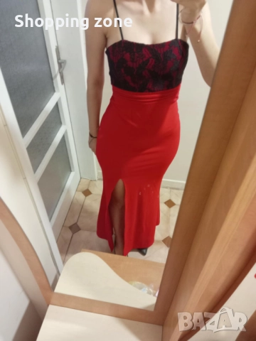 Червена официална рокля с дантела и цепка, снимка 2 - Рокли - 52254910