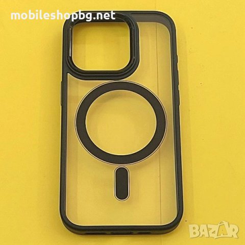 калъф за iPhone 15 Pro прозрачен твърд с черна силиконова рамка MagSafe