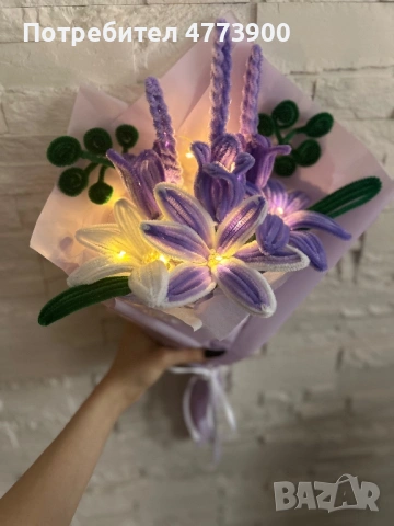 Ръчно направен букет с лампички , снимка 2 - Изкуствени цветя - 53935517