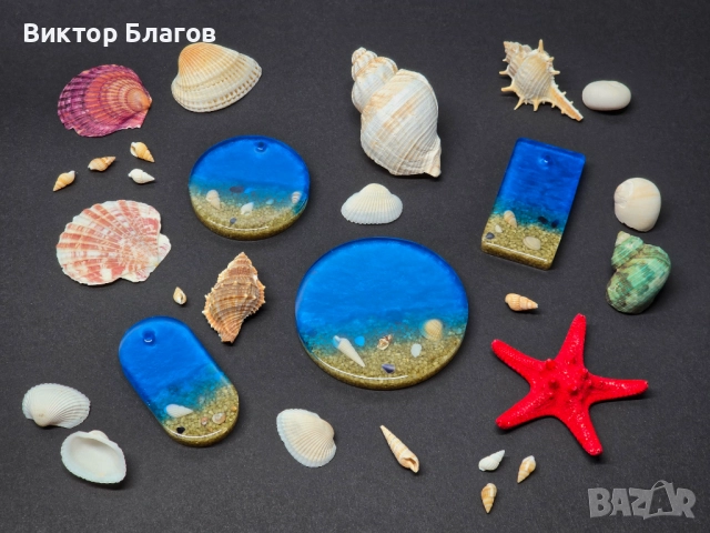 Морски комплект от епоксидна смола (поставка и медальони), снимка 7 - Декорация за дома - 52908861