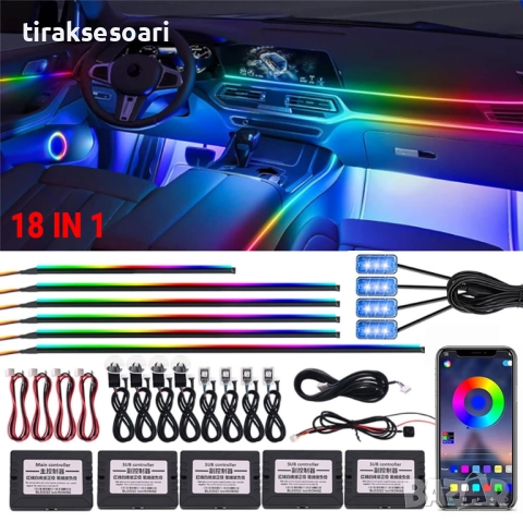 RAINBOW LED амбиентно осветление за автомобили с RGB 256 цвята, 18 в 1