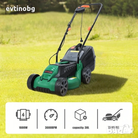 Електрическа косачка за трева 1600W – Лека и мощна, 32 см ширина, 30L кош, 3 нива на косене, снимка 4 - Градинска техника - 53931527