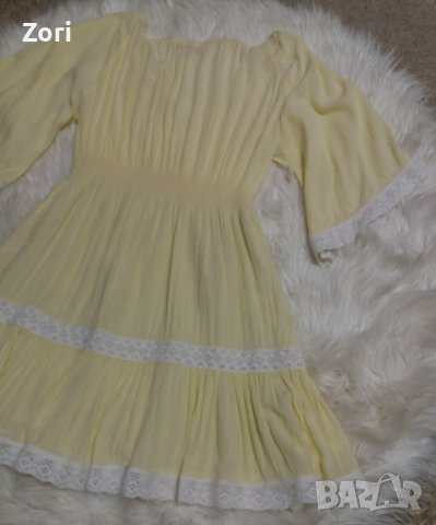 ИЗКЛЮЧИТЕЛНО КРАСИВА жълта рокля с бяла дантела , снимка 9 - Рокли - 40364447