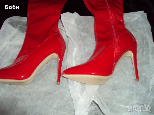 Продавам червени лачени ботуши с ток 12см, снимка 2 - Дамски ботуши - 29928827