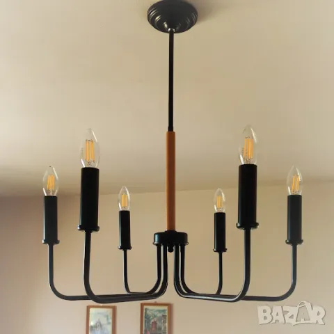Модерен класически висящ полилей тип свещ /метал с дърво / 6 рамена