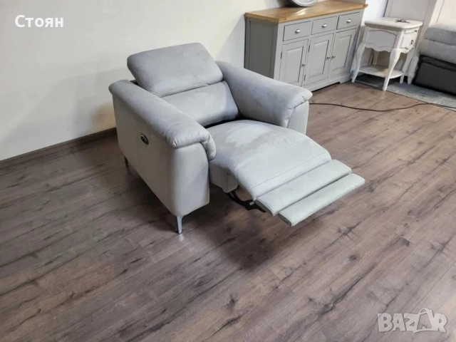 Светло сив фотьойл от плат с електрически релаксиращ механизъм, снимка 10 - Дивани и мека мебел - 52010973