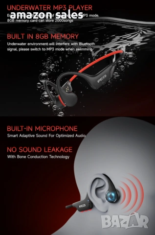 IFECCO X27 Водоустойчиви слушалки IP68 Bluetooth 6.0,с 8GB MP3,с костна проводимост (сини), снимка 13 - Безжични слушалки - 54239527