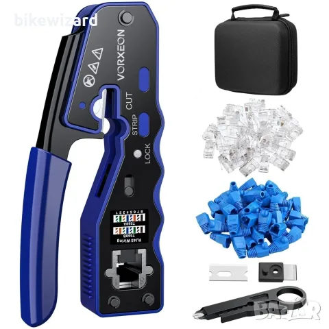 Комплект инструменти за кримпване на RJ45 и RJ11 за CAT5/5E/6/6A с 50 RJ45 конектора и капаци НОВИ