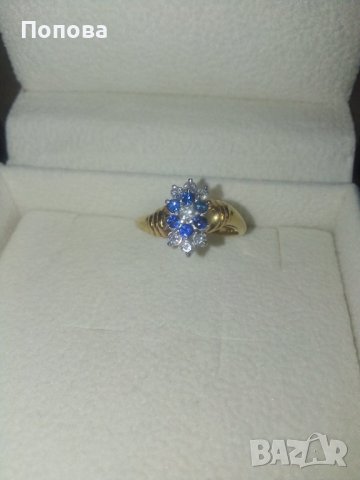 18k. златен пръстен с диаманти и сапфири, снимка 2 - Пръстени - 40624952