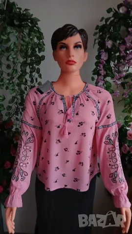Луксозна розова дамска кенарена риза с бродирани ръкави., снимка 6 - Ризи - 47013180
