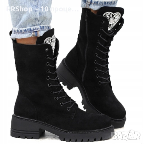 Черни равни боти с камъни, Велур, Черни, снимка 1