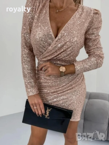 Елегантна блестяща рокля цвят пудра, снимка 3 - Рокли - 52266472