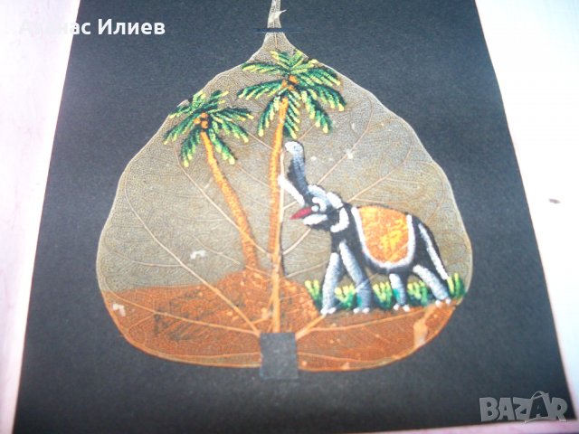 Ръчно рисувана картичка върху листо от дървото Бодхи, Индия 7, снимка 4 - Други ценни предмети - 35593928
