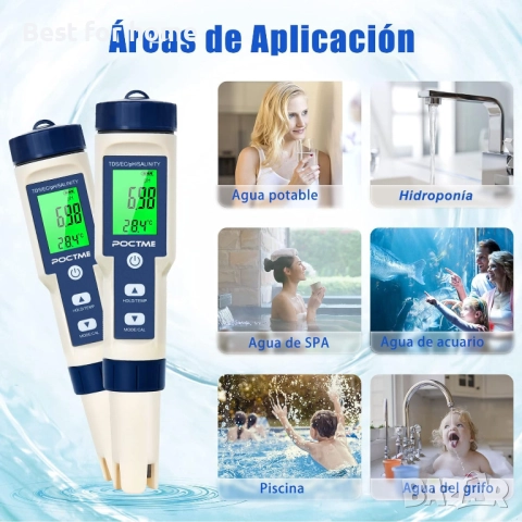 Poctme  5 в 1 тестер за вода -  pH/TDS/EC/Соленост/Температура, снимка 3 - Друга електроника - 51855880