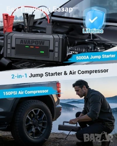 Нов Стартер за акумулатор 5000A с компресор 150PSI Power Bank кола уред, снимка 2 - Друга електроника - 54142571