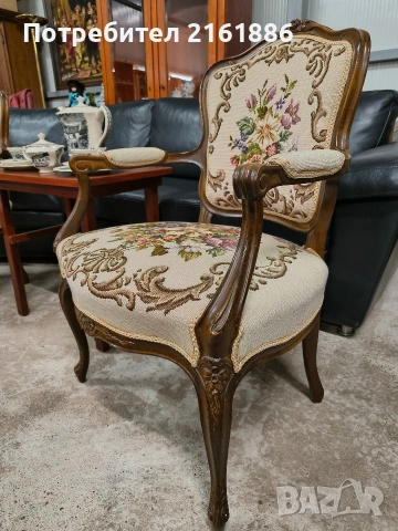 Комплект от две дъбови кресла с дърворезба и   гобленова дамаска , снимка 4 - Столове - 54100221