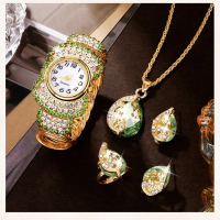 Комплект луксозен дамски кварцов часовник с кристали +бижута Relogio Feminino, снимка 2 - Дамски - 44804691