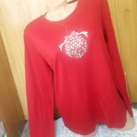 Червена блуза с декорация камъчета Коледно топче Л, снимка 1 - Блузи с дълъг ръкав и пуловери - 34243405