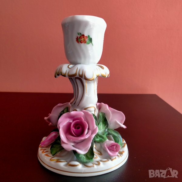 Herend Hungary Three Roses Candle Holder Hand Painted Florals Gold Candlestick Свещница , снимка 1