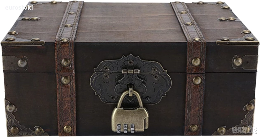 OZCHIN Дървена декоративна кутия за съкровища, винтидж кутия за съхранение с ключалка за домашен дек, снимка 1