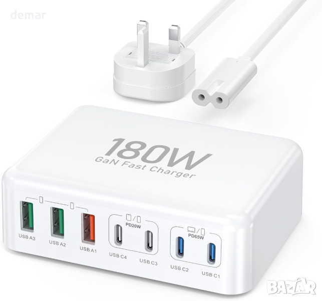 USB C 7-портов адаптер, бързо зарядно, 180 W за MacBook Pro/Air iPad Pro iPhone Galaxy S23 Note 20 , снимка 1