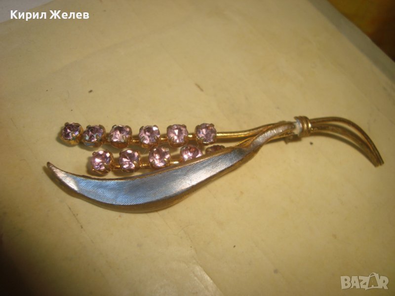 ИЗЯЩНА СТАРИННА ФЛОРАЛНА АР НУВО БРОШКА БРОНЗ с ПОЗЛАТА ЛАК и РОЗОВ ФАСЕТИРАН КВАРЦ КАМЪНИ 71151, снимка 1