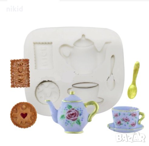 Сервиз за чай чайник чаша бисквитки лъжица силиконов молд форма фондан шоколад смола гипс, снимка 1