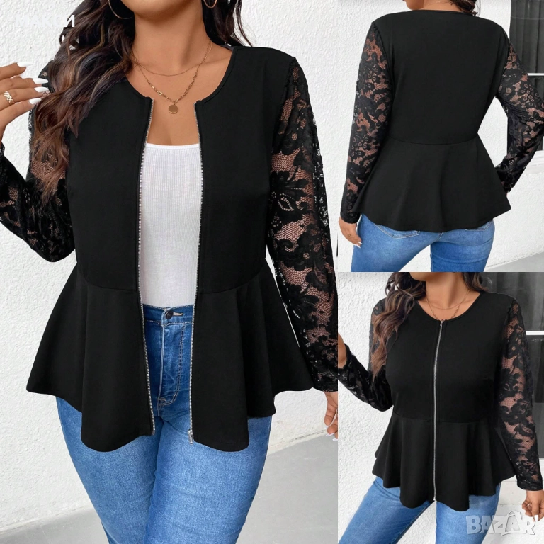 Макси елегантно еластично клоширано сако/горнище с метален цип и красиви дантелени ръкави в черно - , снимка 1