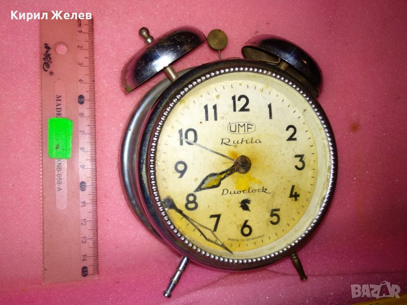 UMF RUHLA DUOCLOCK MADE IN GERMANY Стар КОЛЕКЦИОНЕРСКИ МЕХАНИЧЕН БУДИЛНИК ВИНТИДЖ МОДЕЛ 43678, снимка 1