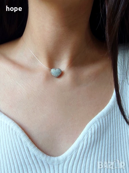 Сребристо колие на корда, сърце, чокър, снимка 1