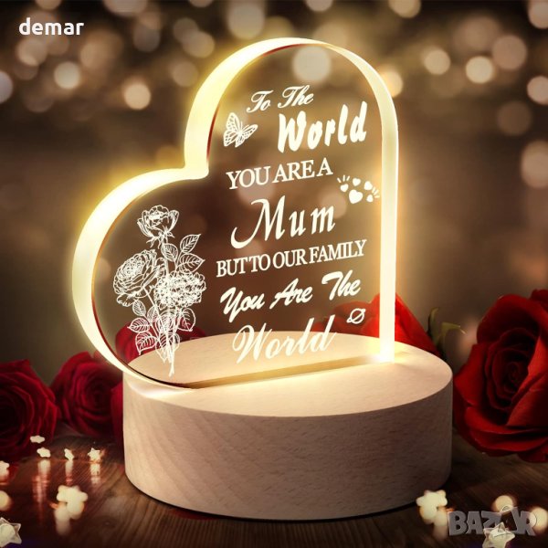 Подарък за майка гравирана LED нощна лампа сърце с послание, снимка 1