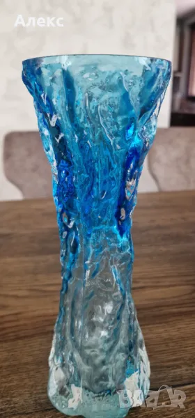 Kurt Wokan–немска ваза– кора от синьо стъкло от Ингрид Глас, 1970 г., снимка 1