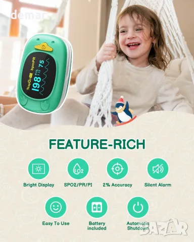 Педиатричен пулсов оксиметър, HOLFENRY кислороден монитор за пръст, снимка 2 - Други - 49859380