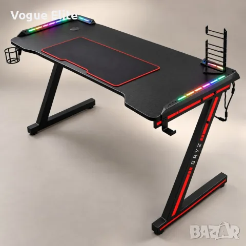 Геймърско бюро с RGB LED осветление, стойка за джойстици, поставка за чаша и голяма подложка – 140×6
