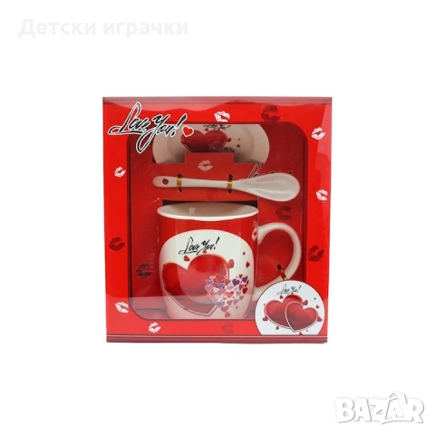 Керамична чаша с лъжица и капак със сърца и надпис Love You, романтичен подарък , снимка 6 - Други - 53170120