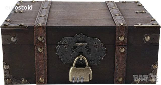 OZCHIN Дървена декоративна кутия за съкровища, винтидж кутия за съхранение с ключалка за домашен дек