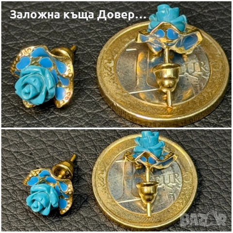 Златни обеци рози син тюркоаз  14 карата 585 zlatni obeci zlaten gold, снимка 9 - Обеци - 54240191