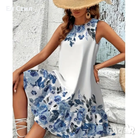 💕Бяла рокля със сини цветя модел трапец, снимка 2 - Рокли - 53944366