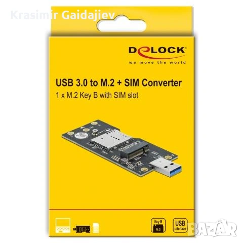 DeLOCK USB 3.2 Gen 1 конвертор от Type-A щепсел към M.2 Key B със слот за SIM карта, снимка 2 - Кабели и адаптери - 53095520