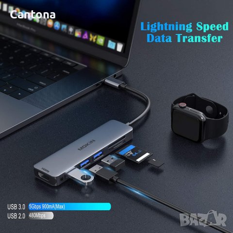 MOKiN USB C хъб 6 IN 1 към HDMI 4K@60Hz, 2х USB 3.0, USB 2.0, SD/ TF, снимка 5 - Други - 38025372