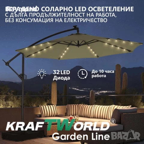 Висящ градински чадър Monaco 3м KraftWorld | Соларено LED осветление | Бежов Лукс | 220g/m², снимка 4 - Градински мебели, декорация  - 51053169