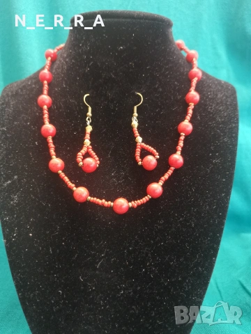 Колие и обици от червен тюркоаз, снимка 2 - Бижутерийни комплекти - 54342792