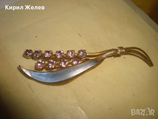 ИЗЯЩНА СТАРИННА ФЛОРАЛНА АР НУВО БРОШКА БРОНЗ с ПОЗЛАТА ЛАК и РОЗОВ ФАСЕТИРАН КВАРЦ КАМЪНИ 71151