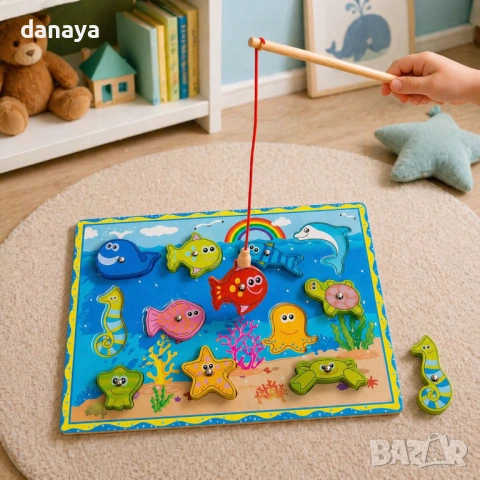 6619 Дървена образователна играчка магнитен риболов с въдица, пъзел игра за нанизване