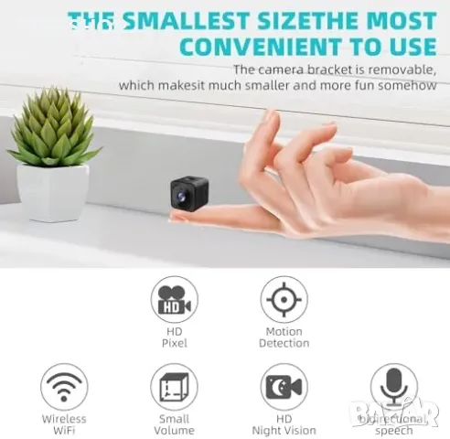 Нова Мини скрита камера 1080P с WiFi, нощно виждане и детектор движение, снимка 4 - IP камери - 49549500