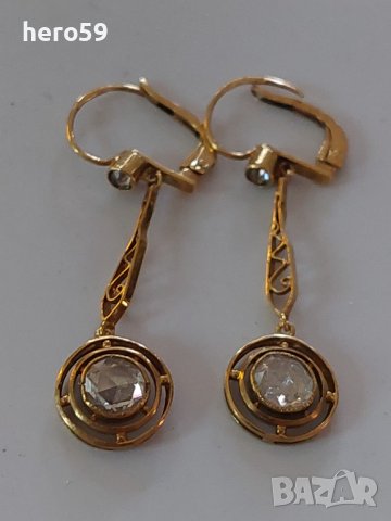 Стари златни дамски обеци с диаманти/Царска Русия,злато проба 56/14 карата, снимка 3 - Обеци - 38825086
