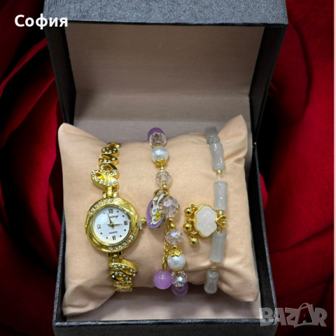Нежен подаръчен комплект часовник с цирконии и два броя гривни, снимка 2 - Подаръци за жени - 44536160