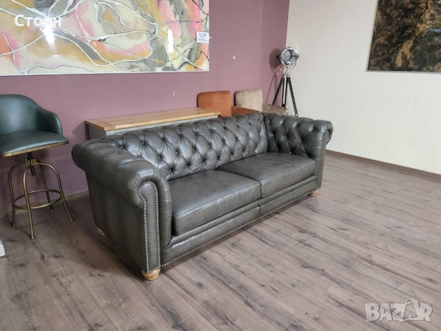 Сиво - зелен кожен диван тройка тип Честърфийлд, снимка 9 - Дивани и мека мебел - 54289085