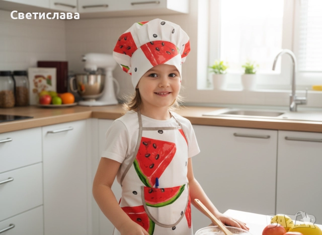 Детски готварски комплект „Диня“ – Престилка и шапка. За дете с ръст 116 см. Подарък за кухнята., снимка 2 - Образователни игри - 51950623