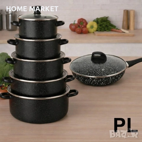 Черен комплект 5 емайлирани тенджери + тиган Rosberg 26 см с капак, снимка 3 - Прибори за хранене, готвене и сервиране - 53045496